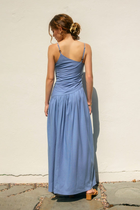 DRESS FORUM DROP WAIST RUCHED BLUE MAXI DRESS – A MODERN TWIST ON ELEGANT COMFORT