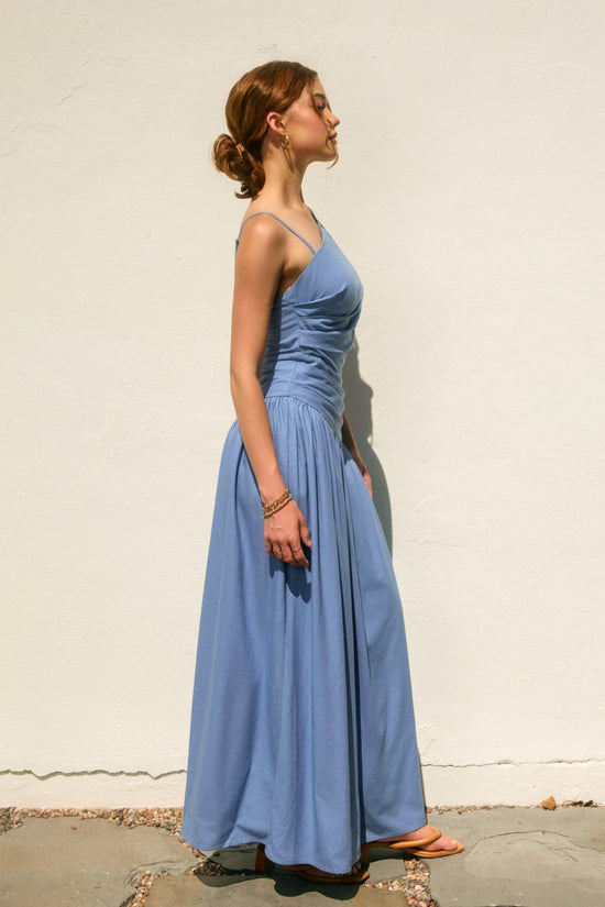 DRESS FORUM DROP WAIST RUCHED BLUE MAXI DRESS – A MODERN TWIST ON ELEGANT COMFORT