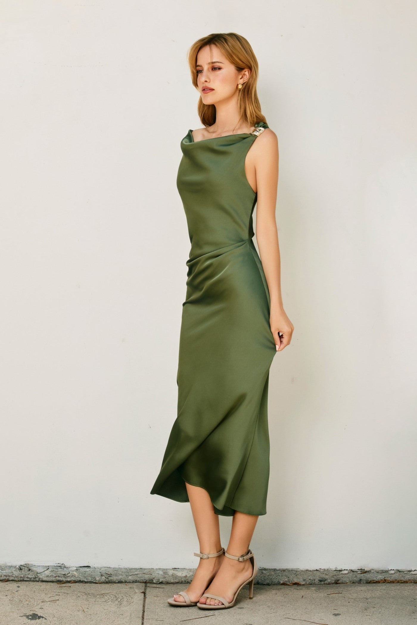 SATIN RUCHED MIDI DRESS