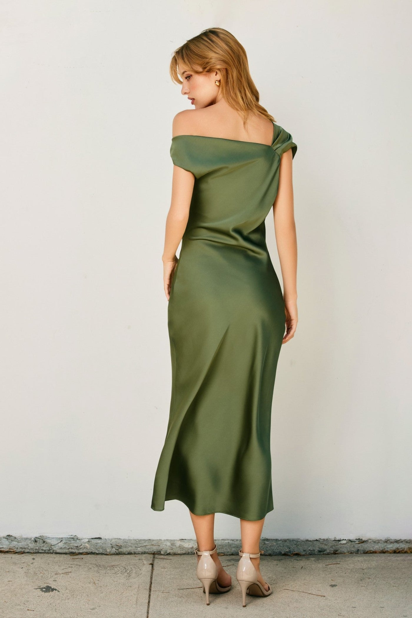 SATIN RUCHED MIDI DRESS