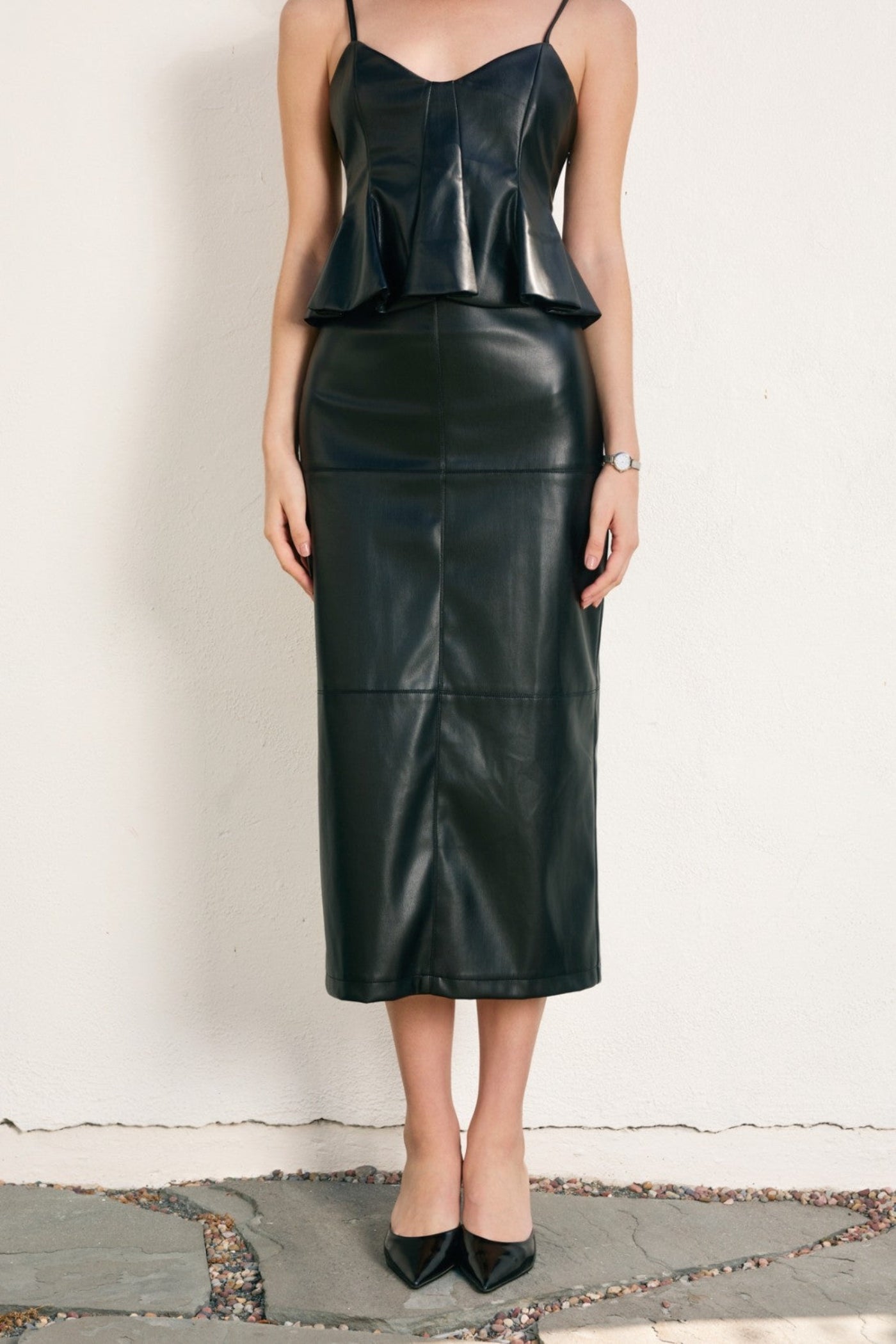 DRESS FORUM FAUX LEATHER BACK SLIT MIDI SKIRT – VEGAN LEATHER