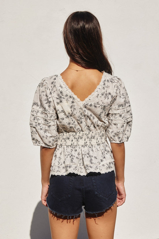 DRESS FORUM BRUNCH BABE LACE TRIM SMOCKED WAIST PEPLUM TOP – A FLORAL COTTON EYELET TOP WITH ROMANTIC DETAILS AND A FLATTERING FIT