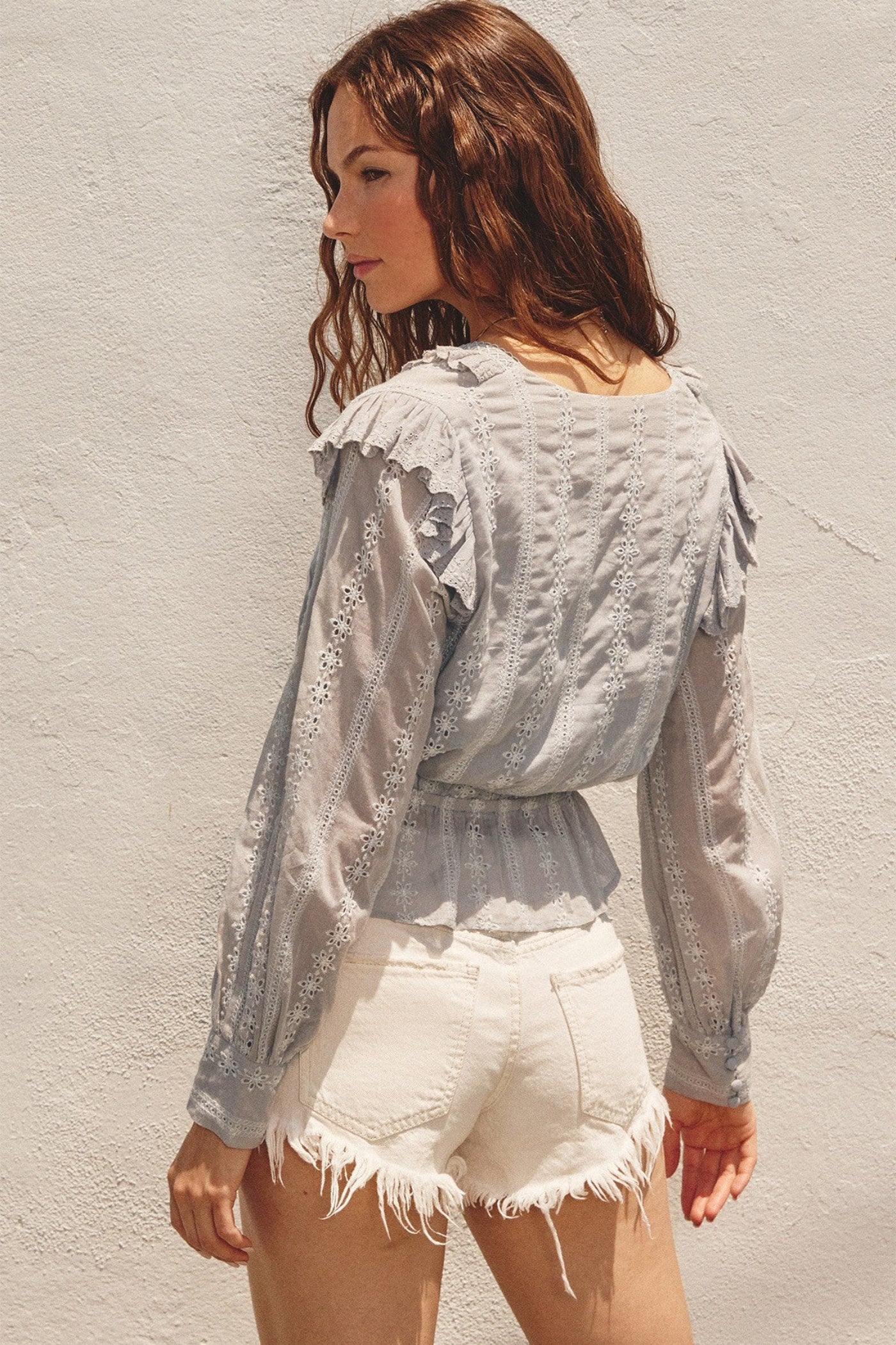 DRESS FORUM STRIPED EYELET RUFFLED BLOUSE – A CROPPED STRIPED COTTON TOP WITH ROMANTIC RUFFLE DETAILS
