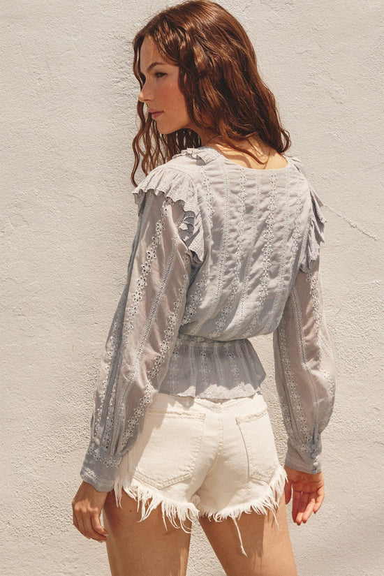 DRESS FORUM STRIPED EYELET RUFFLED BLOUSE – A CROPPED STRIPED COTTON TOP WITH ROMANTIC RUFFLE DETAILS