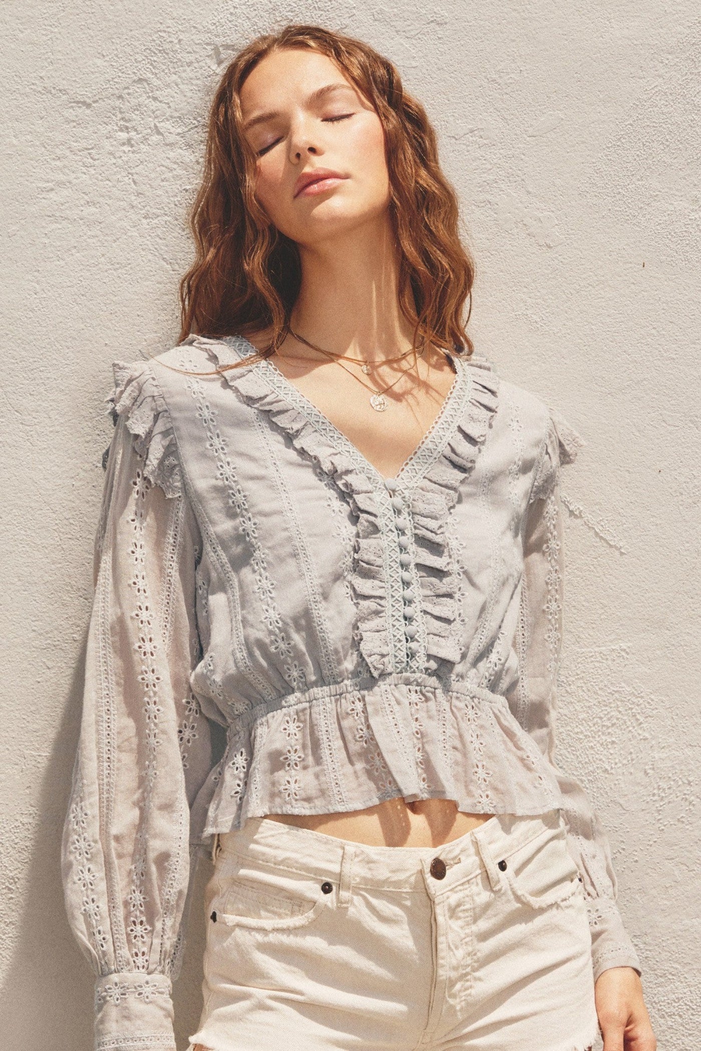 DRESS FORUM STRIPED EYELET RUFFLED BLOUSE – A CROPPED STRIPED COTTON TOP WITH ROMANTIC RUFFLE DETAILS