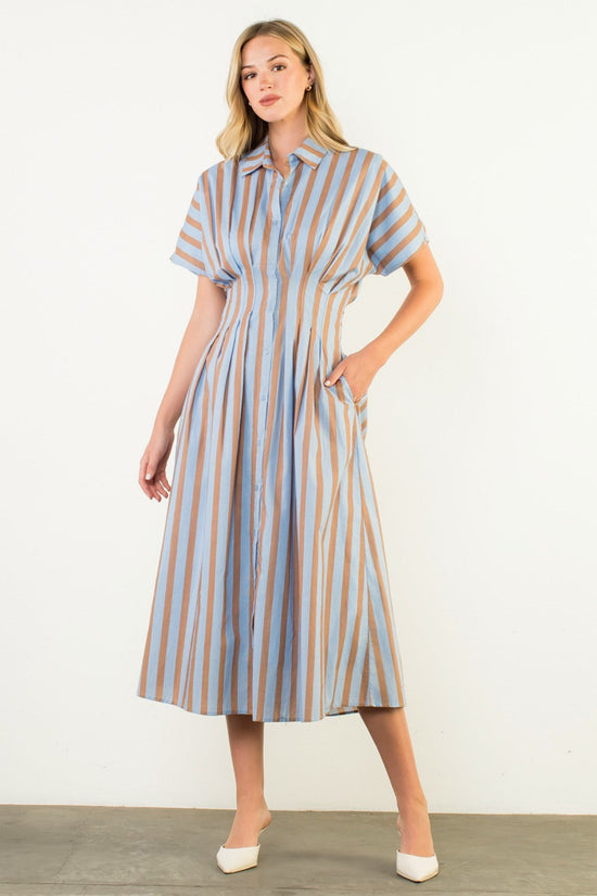 THML STRIPED BUTTON-UP MIDI DRESS – BLUE &amp; TAN