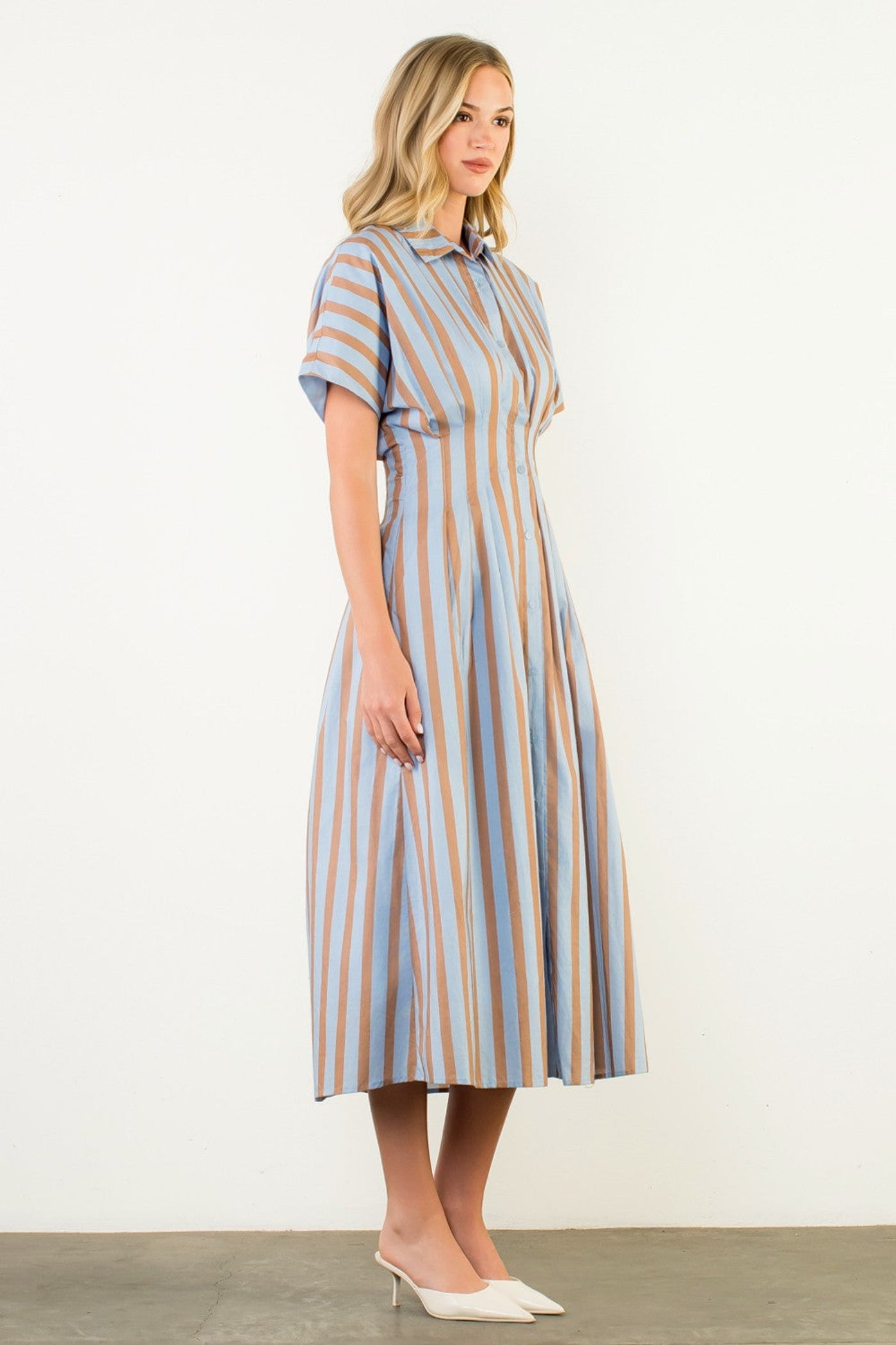 THML STRIPED BUTTON-UP MIDI DRESS – BLUE & TAN