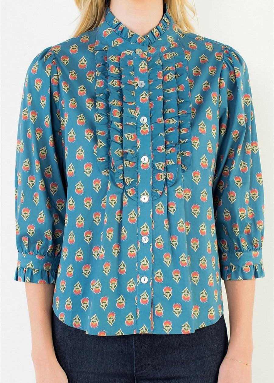 TEAL FLORAL PRINT RUFFLE-TRIM BUTTON-DOWN TOP