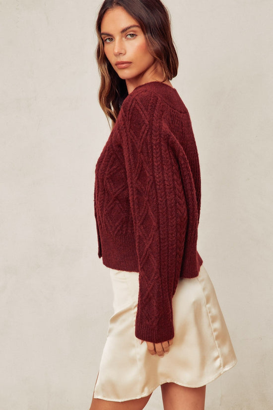 DRESS FORUM FUZZY CABLE KNIT CARDIGAN – ROSEWOOD