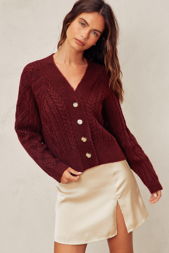DRESS FORUM FUZZY CABLE KNIT CARDIGAN – ROSEWOOD