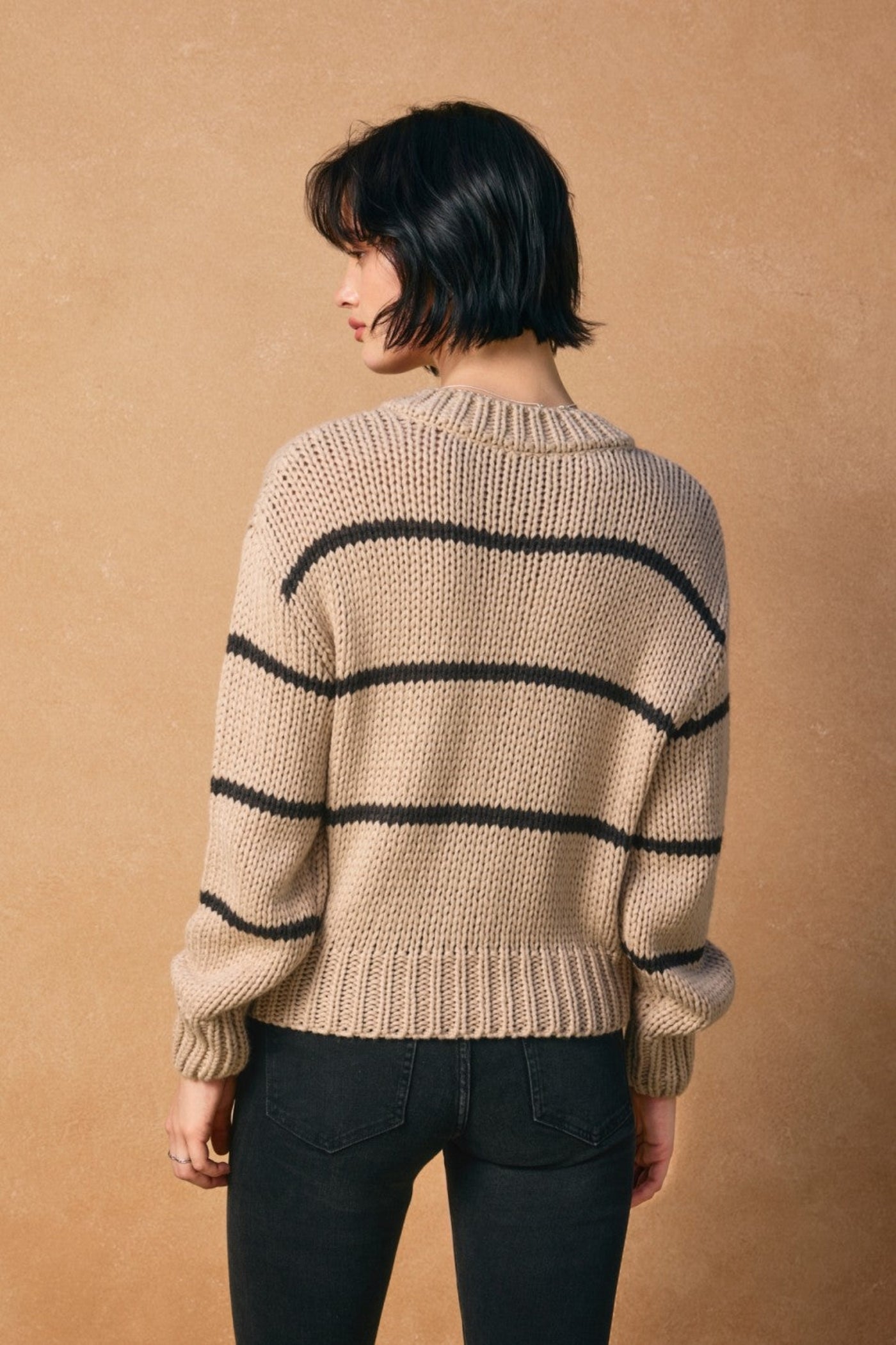 DRESS FORUM FLUFFY STRIPED BUTTON DOWN CARDIGAN – SAND WITH BLACK STRIPES