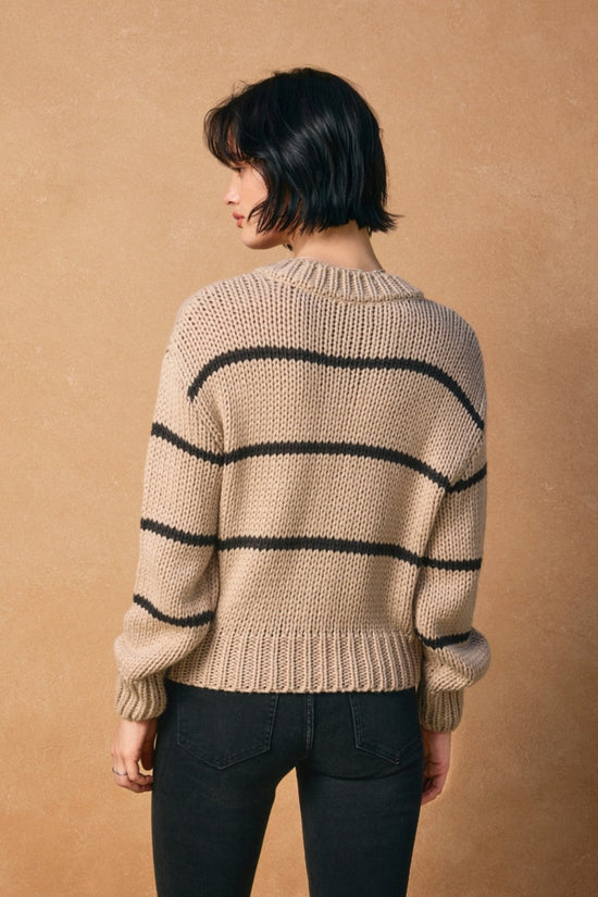 DRESS FORUM FLUFFY STRIPED BUTTON DOWN CARDIGAN – SAND WITH BLACK STRIPES