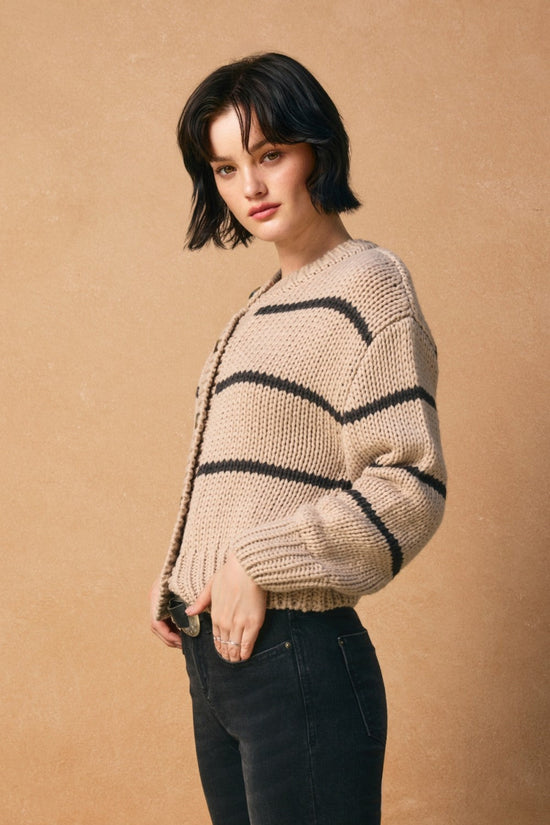 DRESS FORUM FLUFFY STRIPED BUTTON DOWN CARDIGAN – SAND WITH BLACK STRIPES