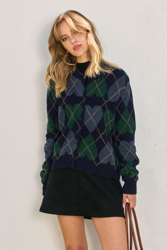 DRESS FORUM COZY HEART ARGYLE BUTTON DOWN CARDIGAN – MIDNIGHT NAVY WITH BLUE & GREEN HEARTS