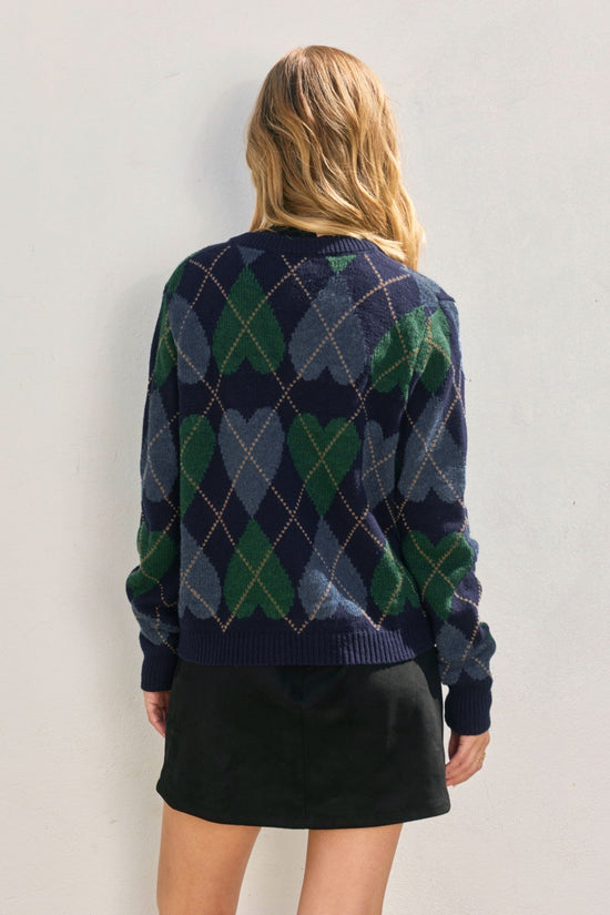 DRESS FORUM COZY HEART ARGYLE BUTTON DOWN CARDIGAN – MIDNIGHT NAVY WITH BLUE & GREEN HEARTS