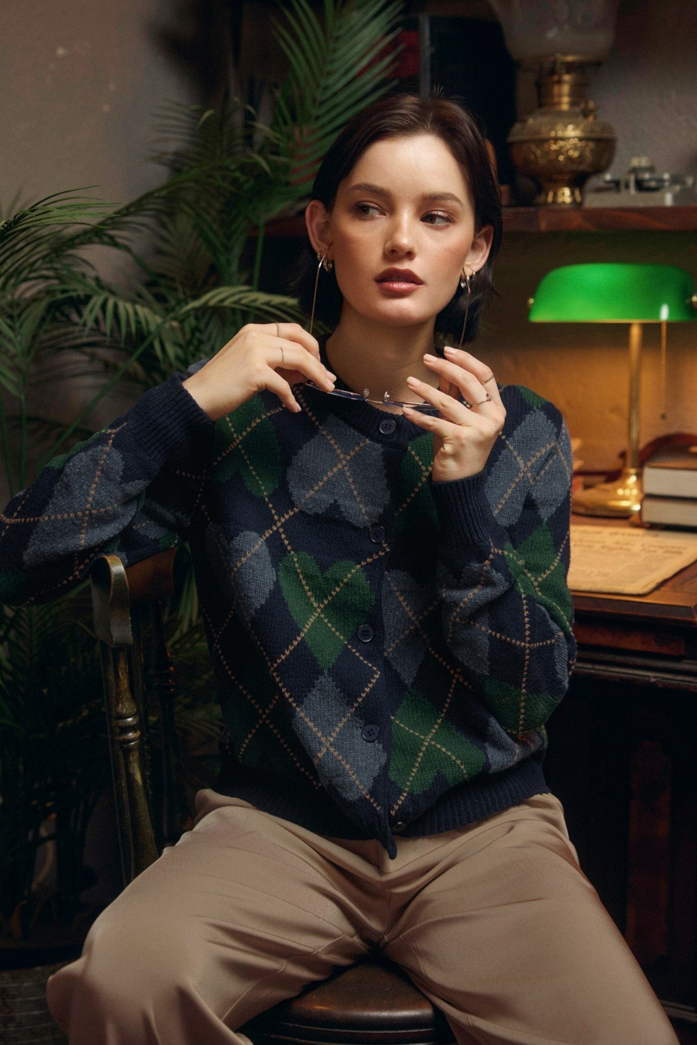 DRESS FORUM COZY HEART ARGYLE BUTTON DOWN CARDIGAN – MIDNIGHT NAVY WITH BLUE & GREEN HEARTS