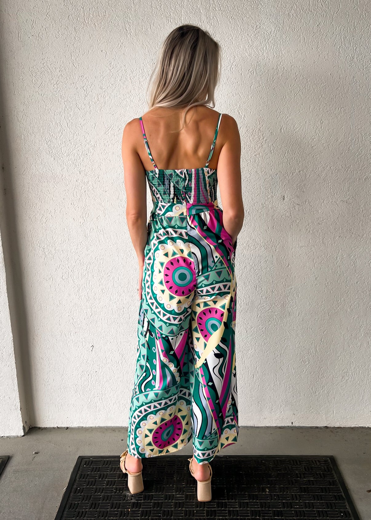 SUNDAYUP TROPICAL PRINT JUMPSUIT RUCHED BACK
