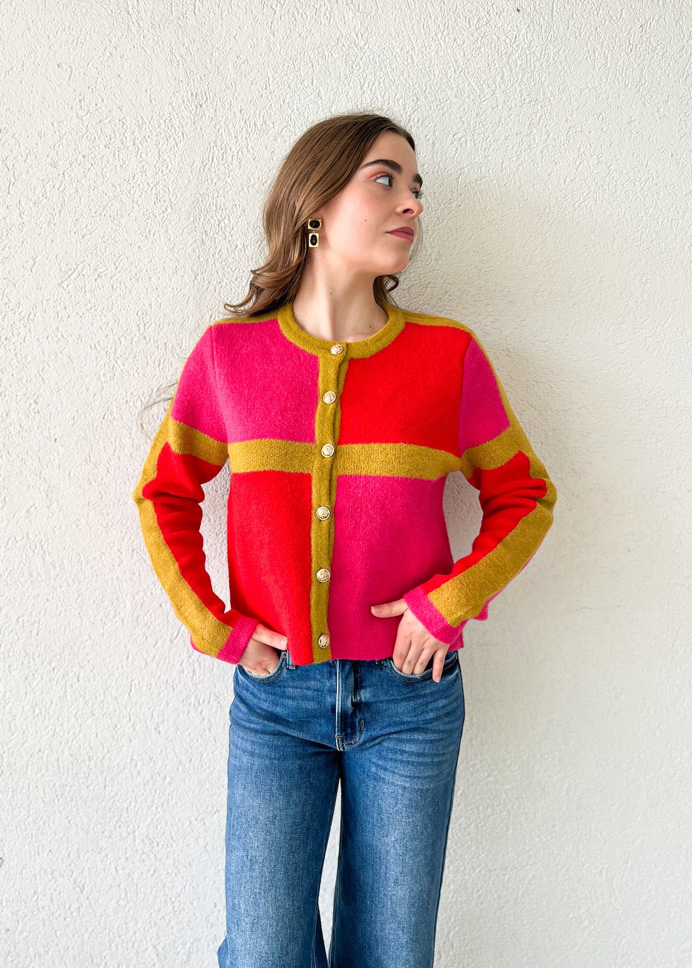 COLORBLOCK BUTTON FRONT CARDIGAN