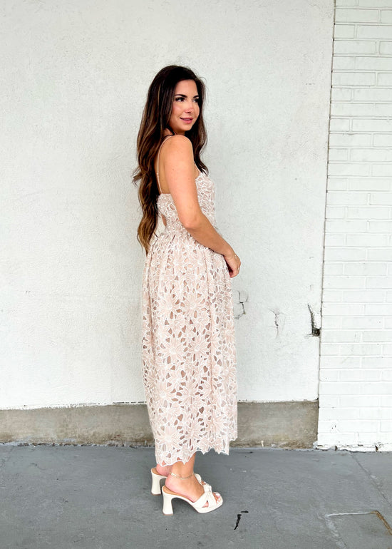 LUCY PARIS MONA LACE DRESS – LACE MIDI DRESS WITH BUSTIER BODICE AND SWEETHEART NECKLINE