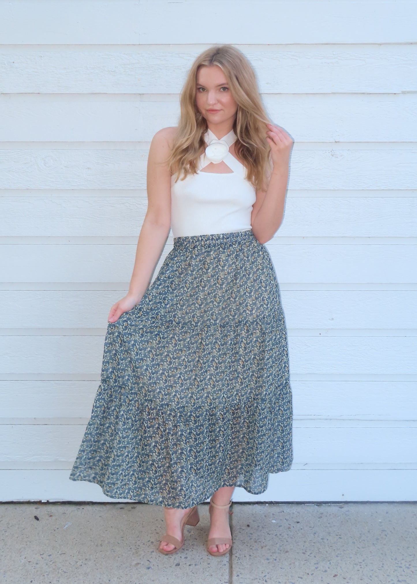 Grade & Gather Tiered Printed Chiffon Flowy Maxi Skirt