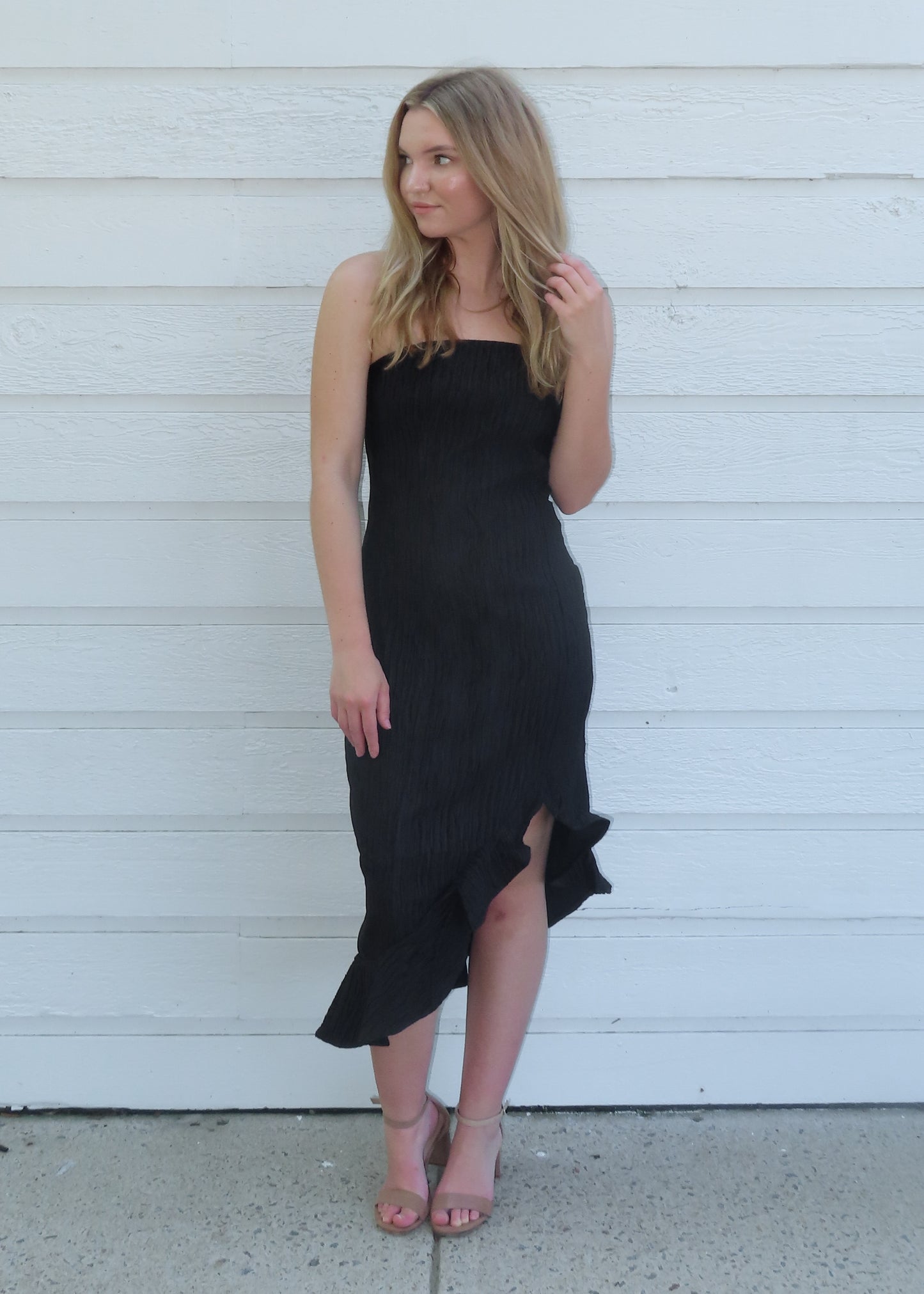 Storia Black Strapless Plisse Dress With Slit