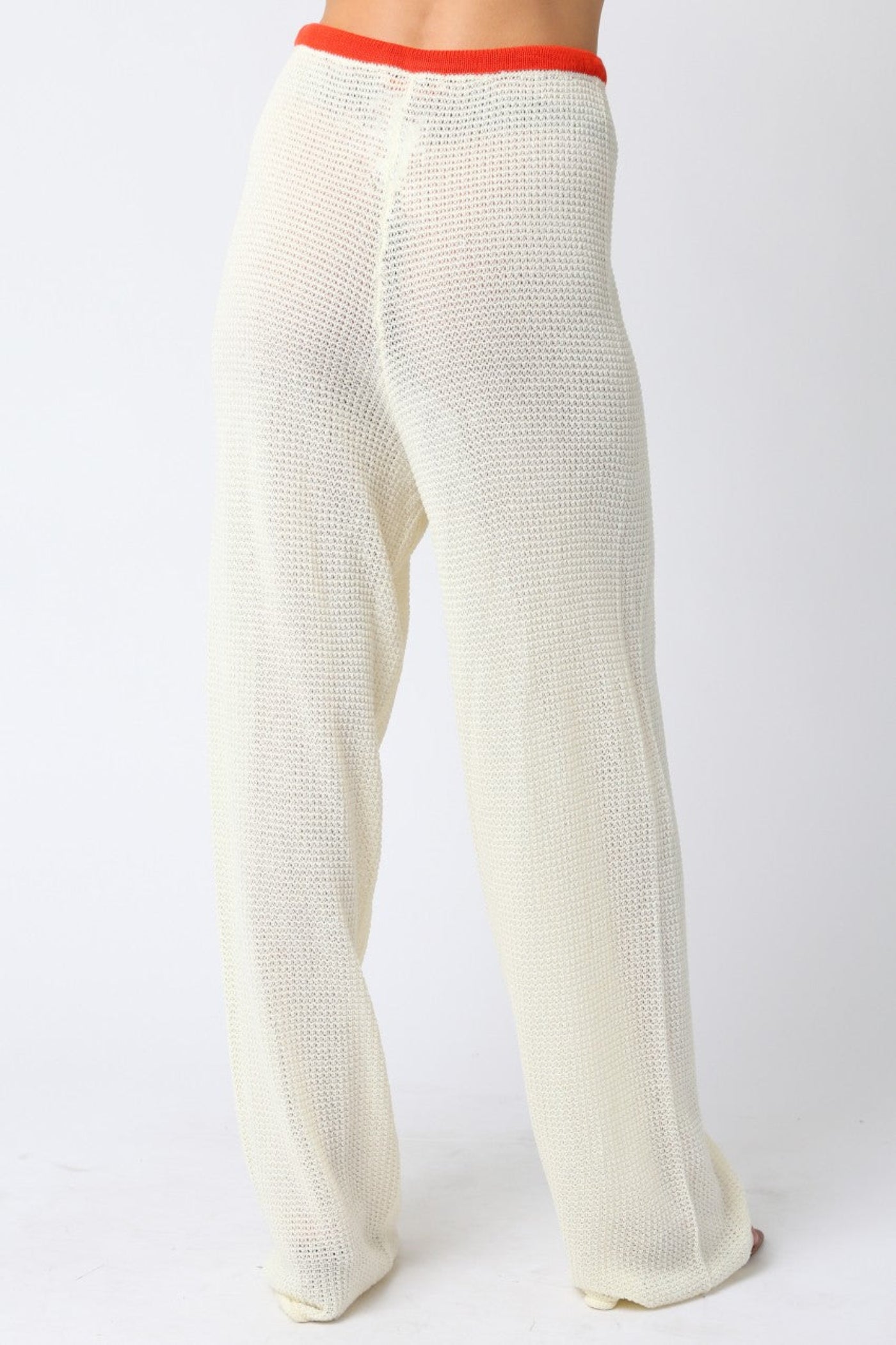 OLIVACEOUS MAO LINE KNIT PANTS – ADJUSTABLE STRAP STRAIGHT-FIT PANTS WITH VIBRANT ORANGE DETAIL