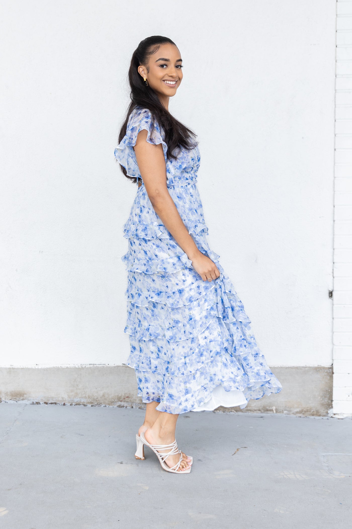 STORIA BLUE RUFFLED TIERED LAYERED MIDI DRESS