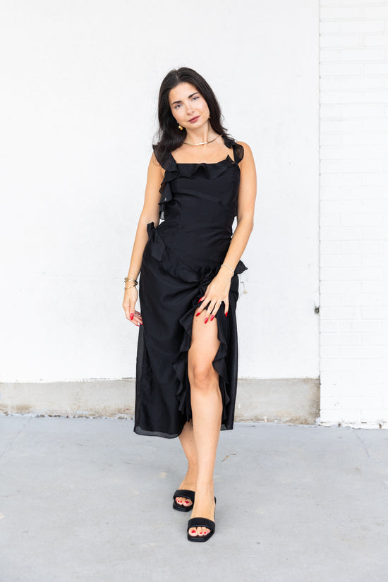 STORIA BLACK RUFFLED MIDI DRESS