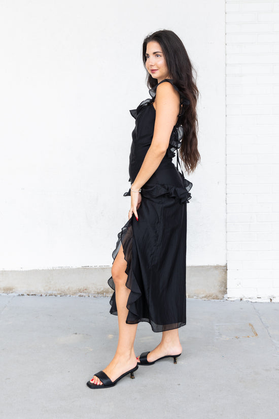 STORIA BLACK SLIT MIDI RUFFLED DRESS