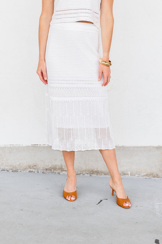 LUCY PARIS BRYSON CROCHET SKIRT – AN IVORY CROCHET MIDI WITH EFFORTLESS SLIP-ON STYLE AND VACATION VIBES