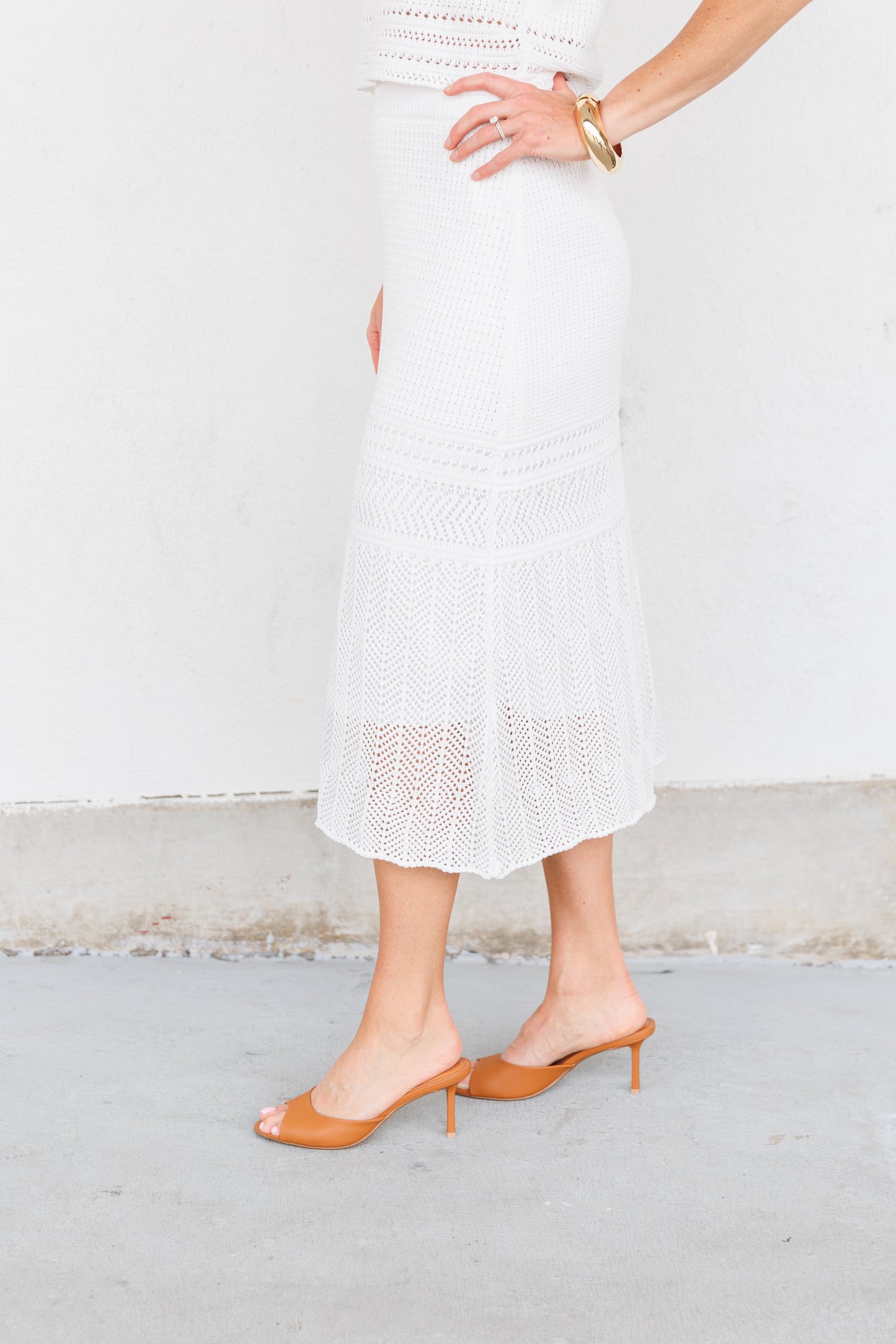 LUCY PARIS BRYSON CROCHET SKIRT – AN IVORY CROCHET MIDI WITH EFFORTLESS SLIP-ON STYLE AND VACATION VIBES