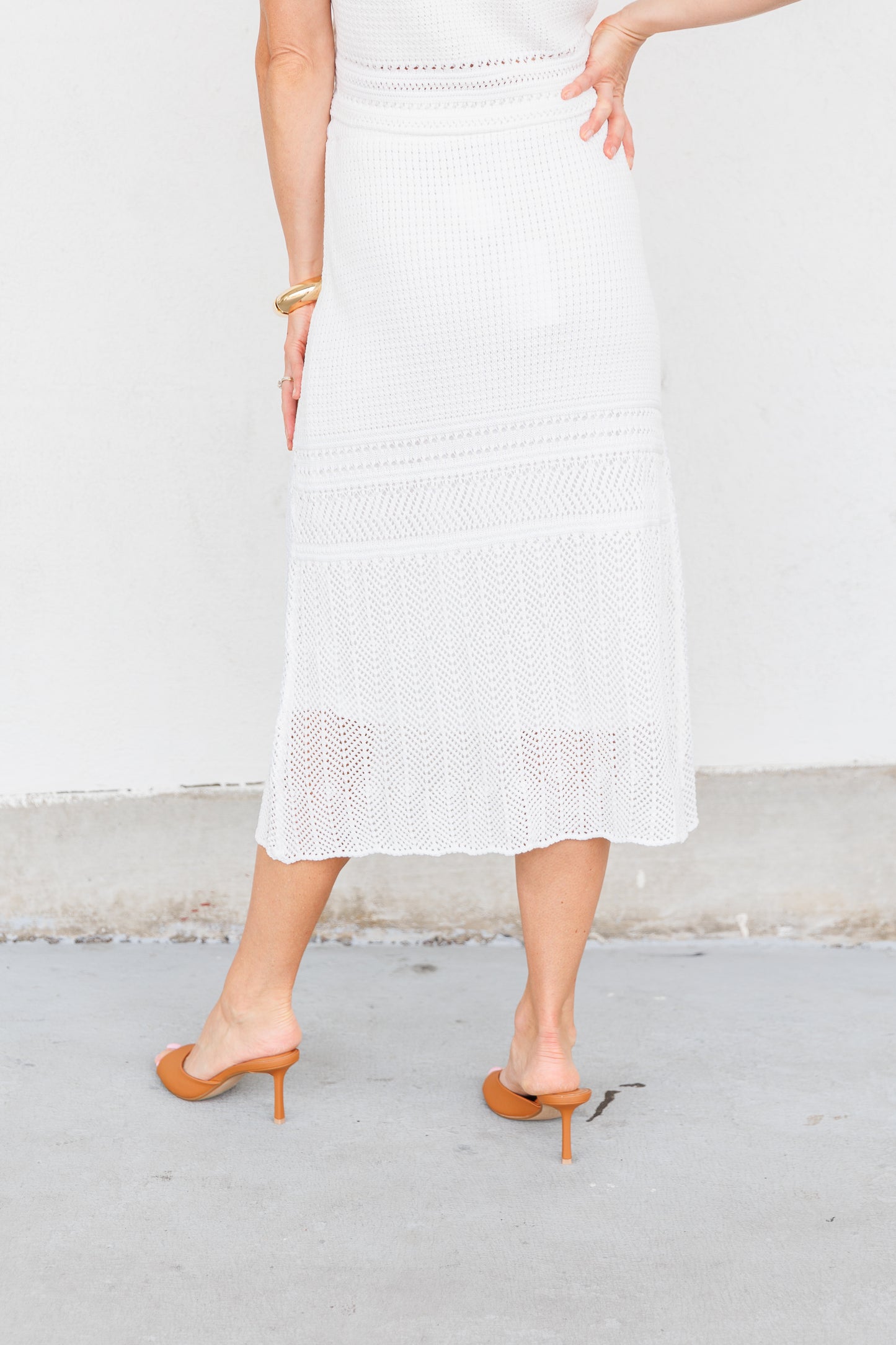 LUCY PARIS BRYSON CROCHET SKIRT – AN IVORY CROCHET MIDI WITH EFFORTLESS SLIP-ON STYLE AND VACATION VIBES