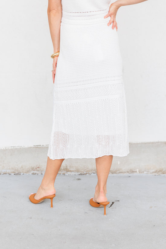 LUCY PARIS BRYSON CROCHET SKIRT – AN IVORY CROCHET MIDI WITH EFFORTLESS SLIP-ON STYLE AND VACATION VIBES