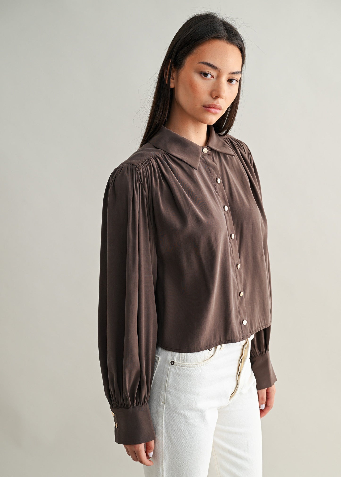 RUCHED BUTTON DOWN SHIRT