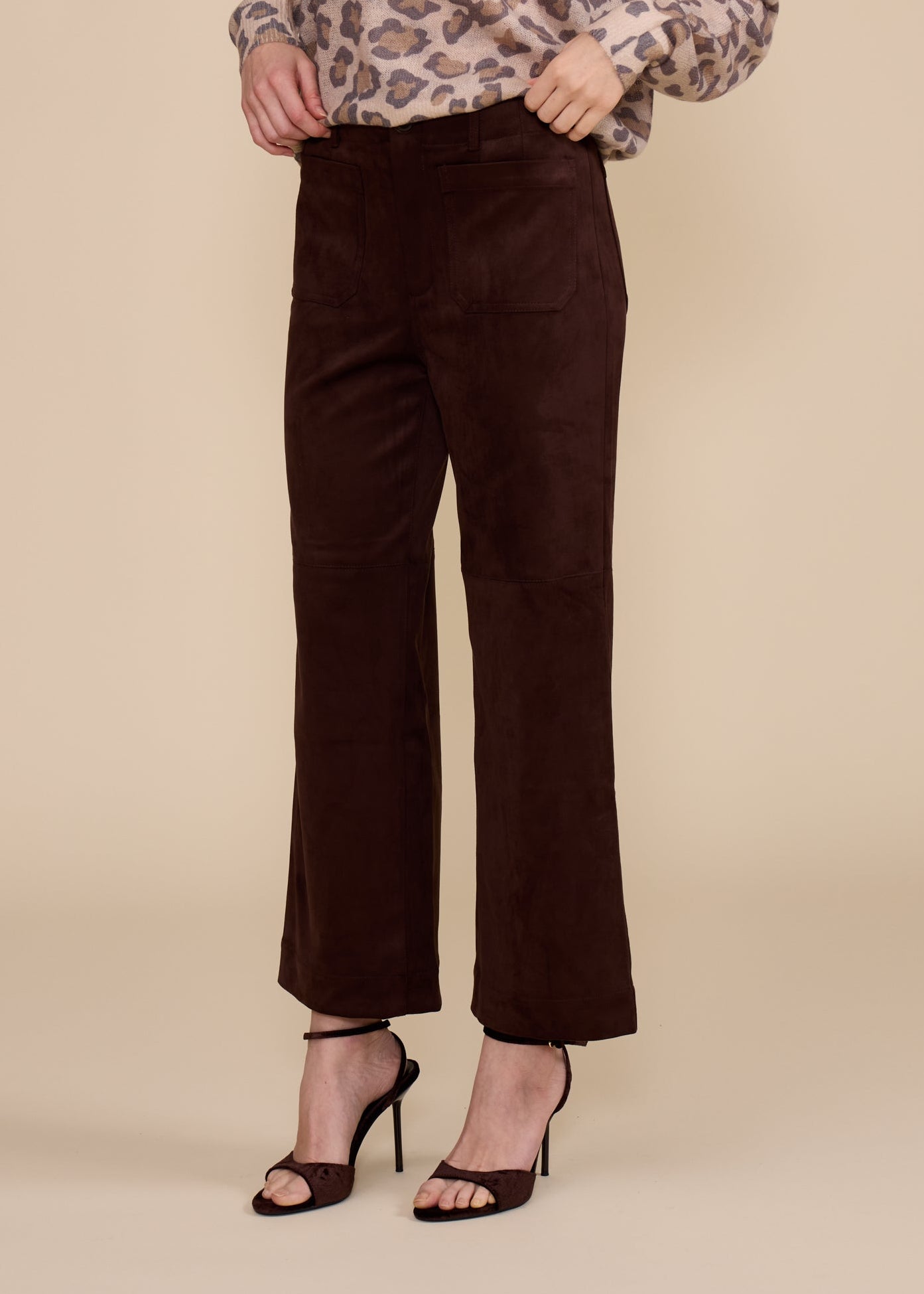 DARK BROWN FRONT POCKET CORDUROY CROP FLARE PANTS