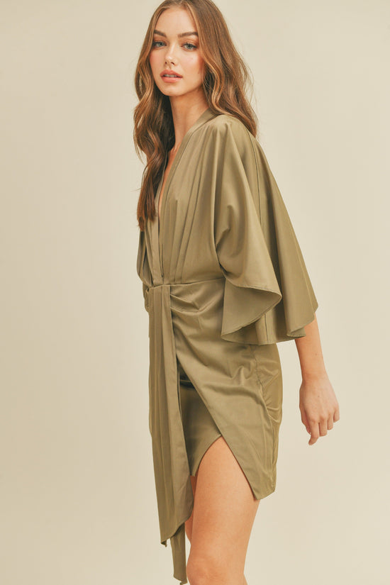 MABLE THE SATIN FRONT DRAPED MINI DRESS – A LUXE, PLEATED SILHOUETTE WITH A FLATTERING DEEP V-NECKLINE