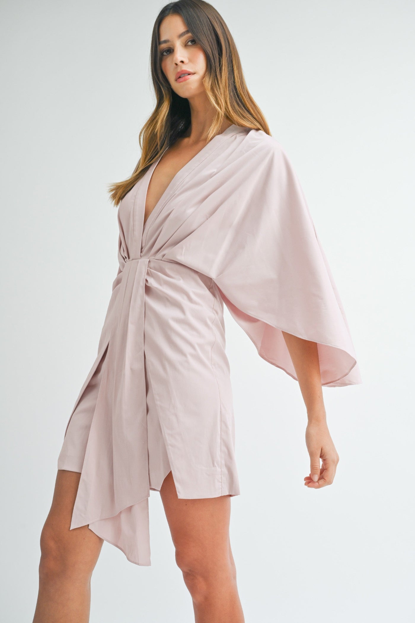 MABLE THE SATIN FRONT DRAPED MINI DRESS – A LUXE, PLEATED SILHOUETTE WITH A FLATTERING DEEP V-NECKLINE