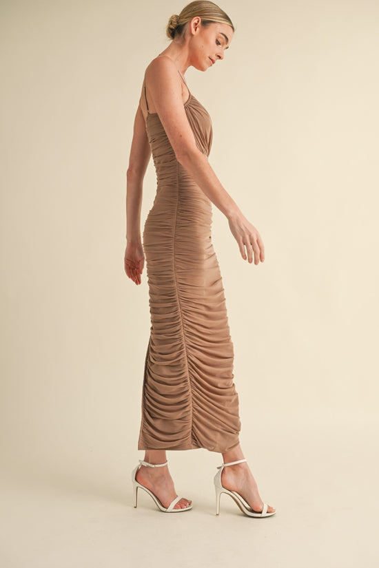 MABLE MESH RUCHED BODYCON MIDI DRESS – A FIGURE-HUGGING, SHEER-LAYERED MIDI WITH ADJUSTABLE STRAPS