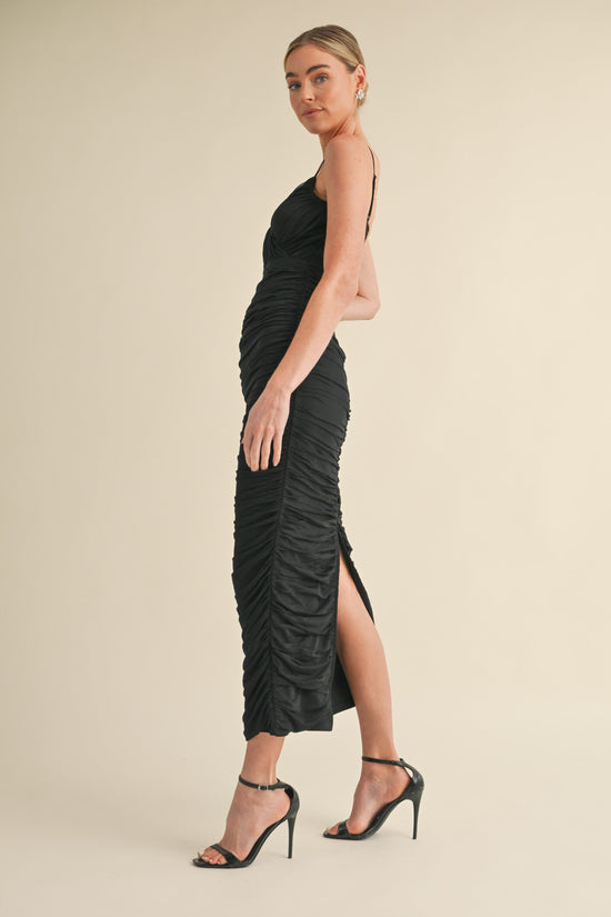 MABLE BLACK MESH RUCHED BODYCON MIDI DRESS – A FIGURE-HUGGING, SHEER-LAYERED MIDI WITH ADJUSTABLE STRAPS