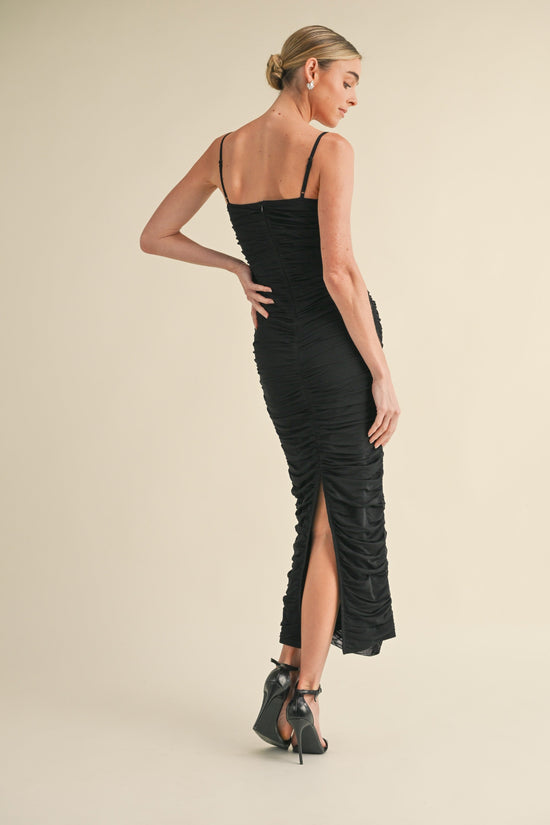MABLE BLACK MESH RUCHED BODYCON MIDI DRESS – A FIGURE-HUGGING, SHEER-LAYERED MIDI WITH ADJUSTABLE STRAPS