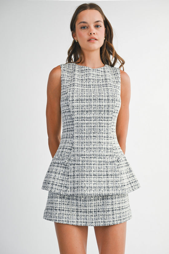 MABLE BLACK TWEED SLEEVELESS PEPLUM BODICE LAYERED MINI DRESS