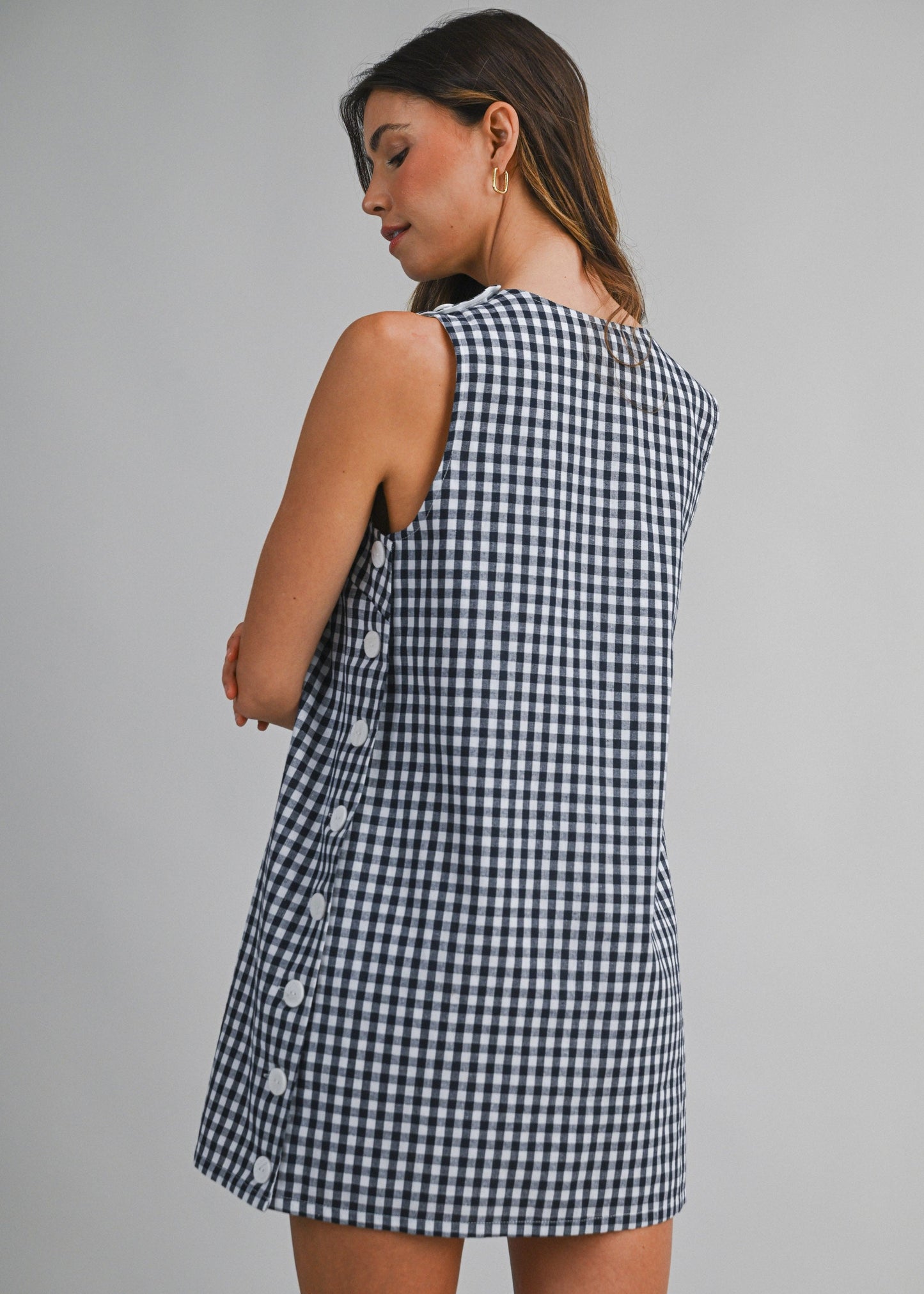 GINGHAM PLAID SIDE BUTTON MINI DRESS