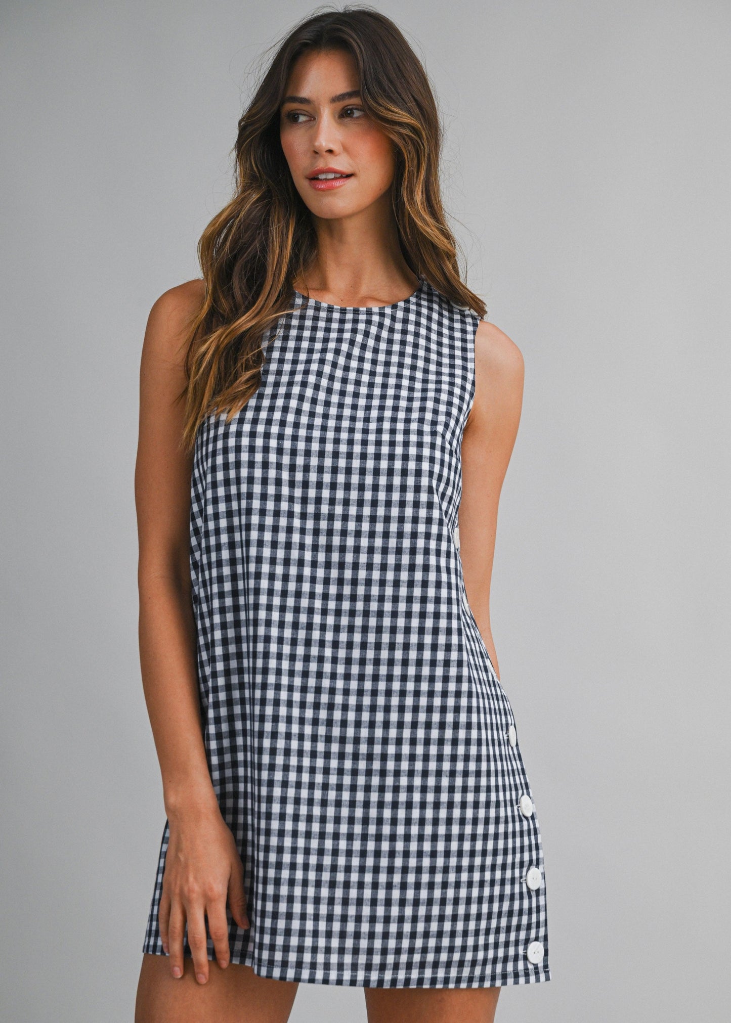 GINGHAM PLAID SIDE BUTTON MINI DRESS