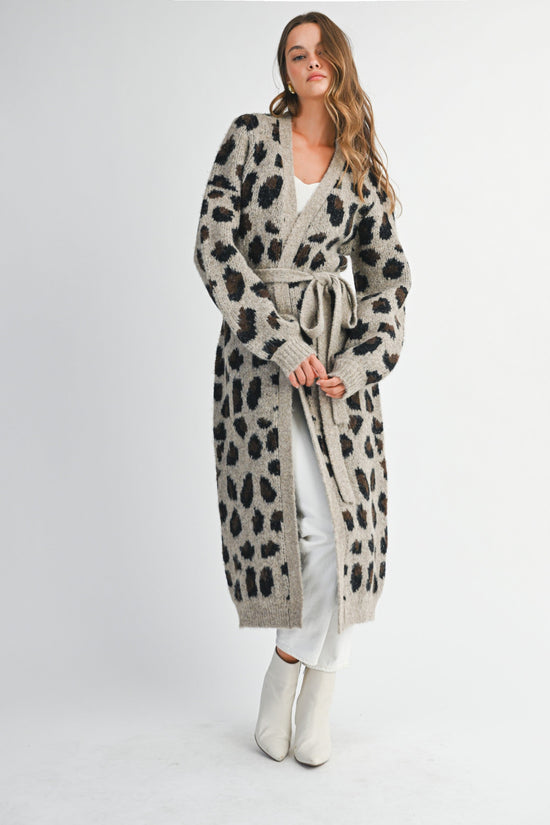 MABLE LEOPARD PRINT KNIT CARDIGAN WITH SELF TIE BELT – LONG OPEN SWEATER