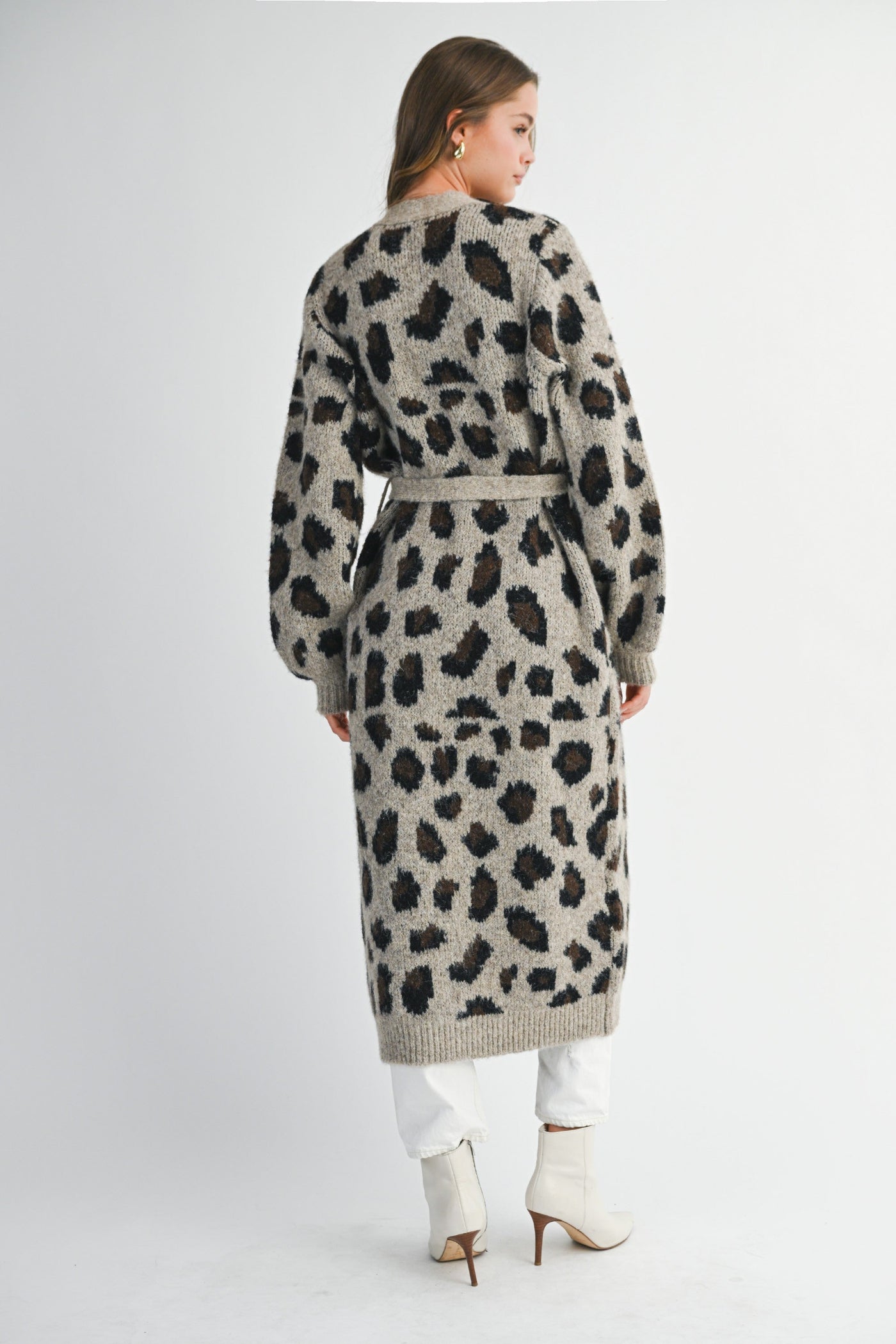 LEOPARD PRINT KNIT CARDIGAN WITH SELF TIE BELT – LONG OPEN SWEATER