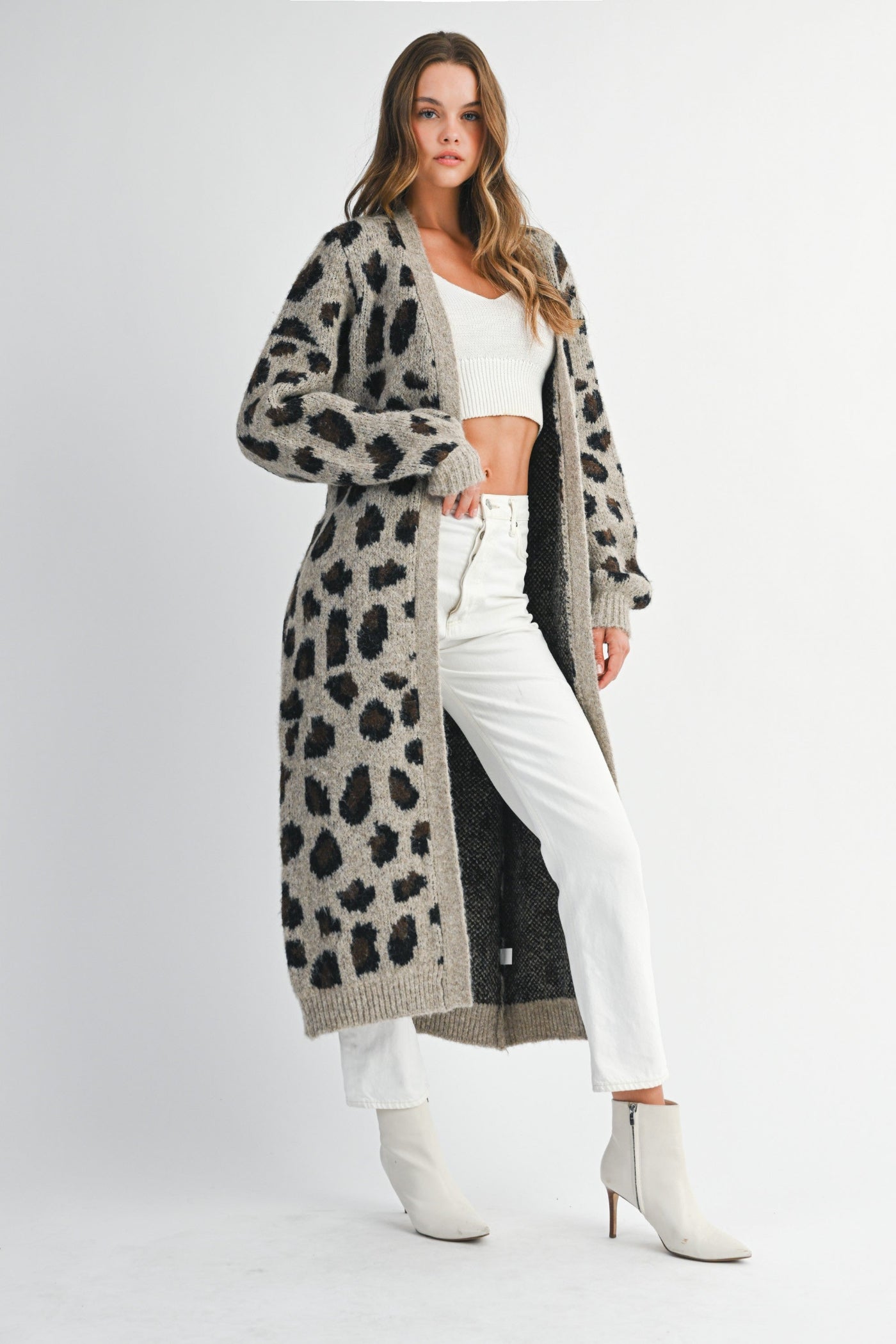 LEOPARD PRINT KNIT CARDIGAN WITH SELF TIE BELT – LONG OPEN SWEATER