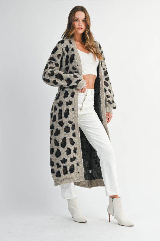 LEOPARD PRINT KNIT CARDIGAN WITH SELF TIE BELT – LONG OPEN SWEATER