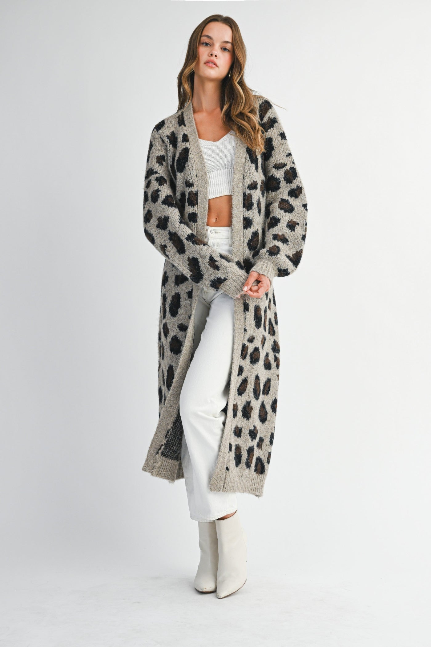 LEOPARD PRINT KNIT CARDIGAN WITH SELF TIE BELT – LONG OPEN SWEATER