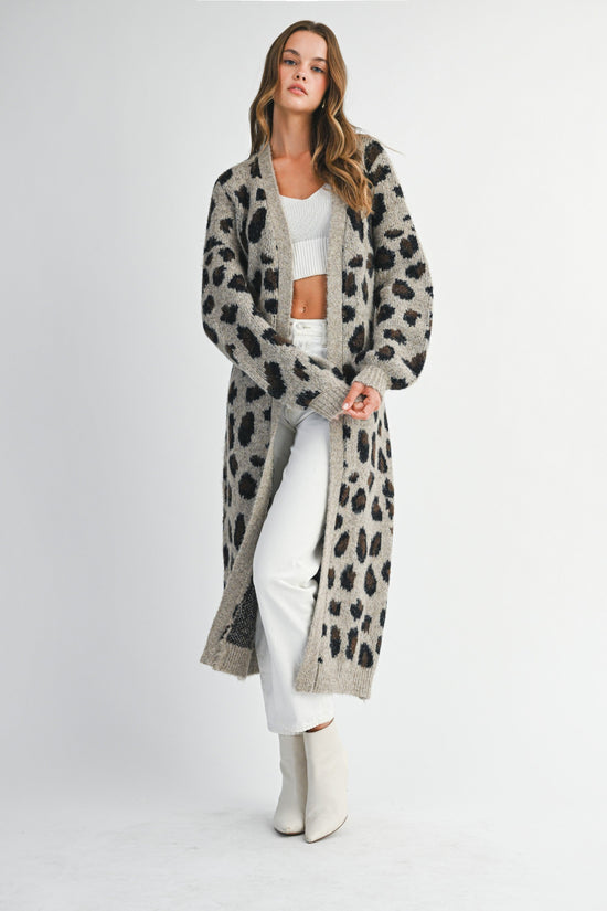 LEOPARD PRINT KNIT CARDIGAN WITH SELF TIE BELT – LONG OPEN SWEATER