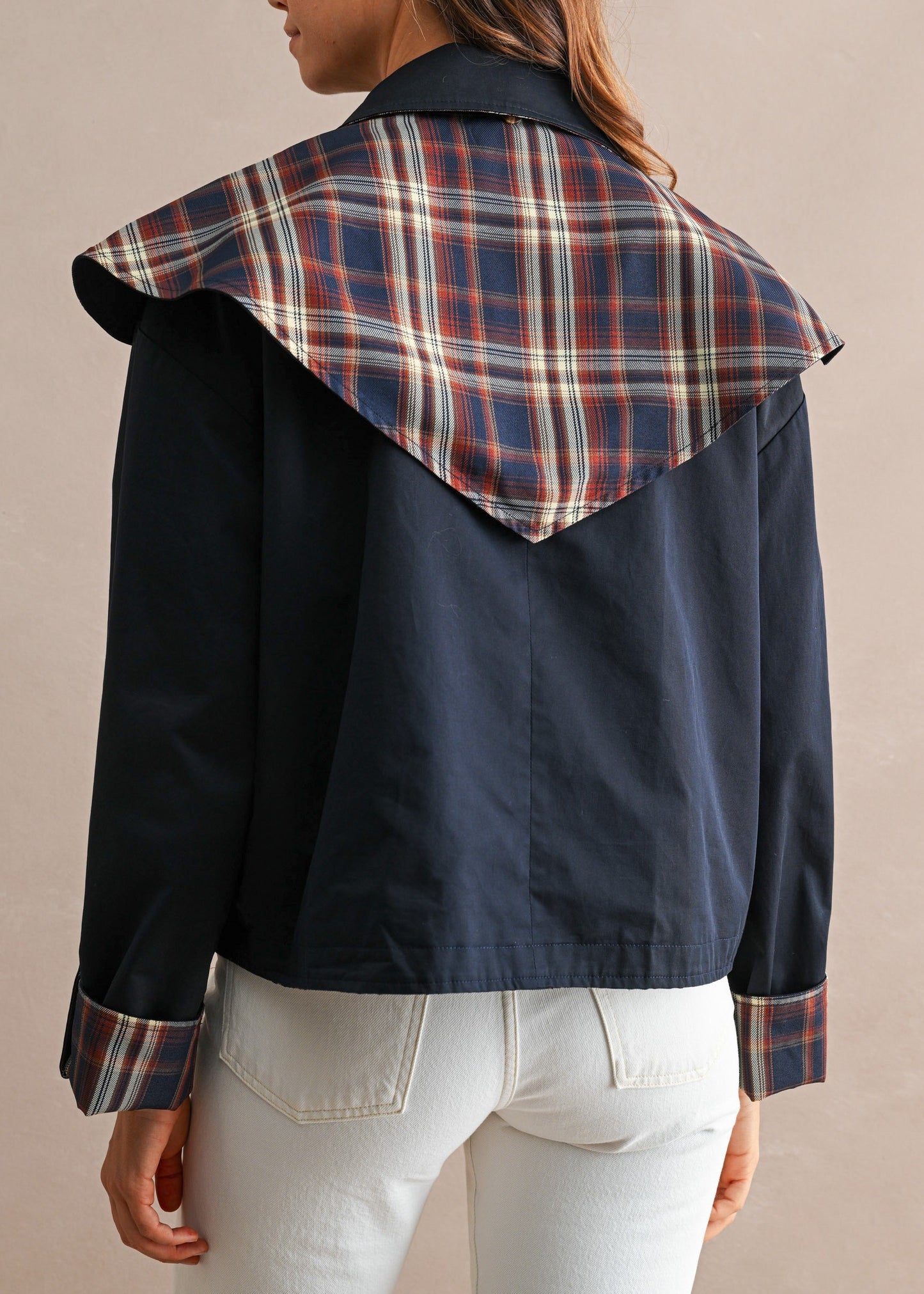 Reversible Detachable Plaid Cape Scarf Button Down Jacket